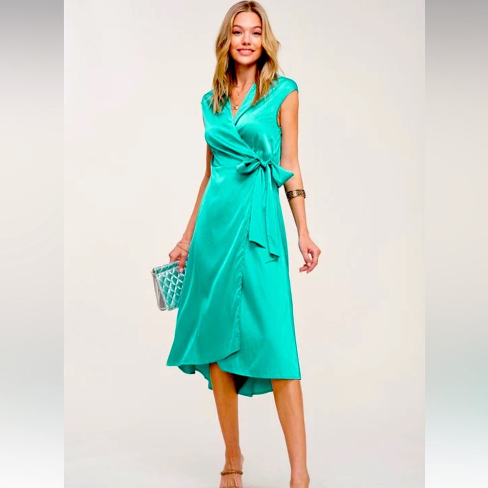Midi Satin Wrap Dress in Turquoise